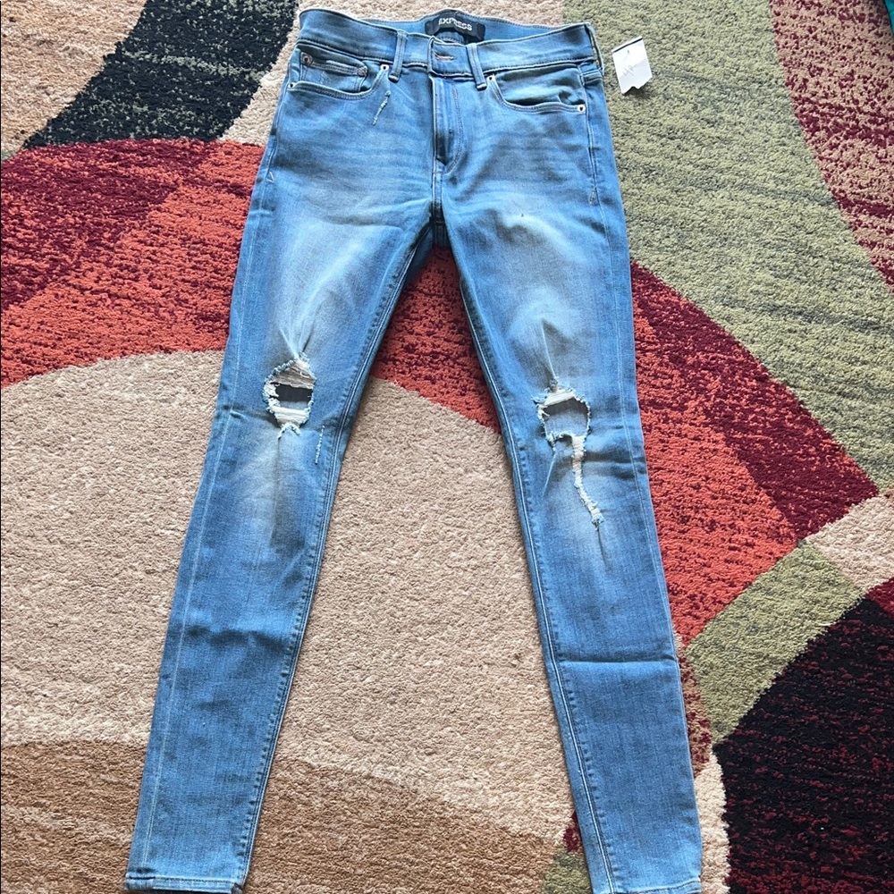 Express Medium Blue Ripped Skinny Jeans